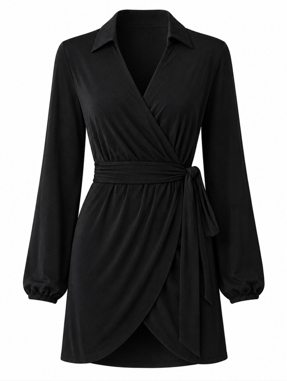 PRINCESS POLLY | Black Wrap Long Sleeve Mini Dress Collar Tulip Hem Belted | 12